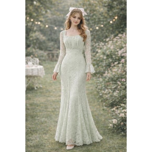 No Brand Dresses & Skirts - Lace Mesh Maxi Dress S Coquette Fiary Prom Gown‎ Romantic Feminine Pastel Mint